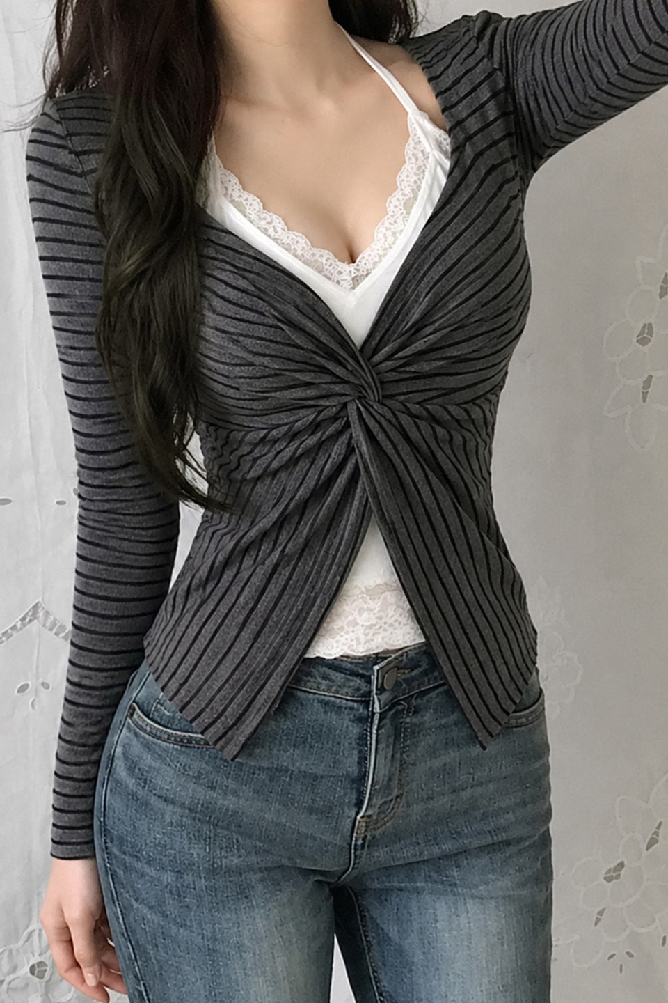 Striped Twist Front Lace Cardigans
