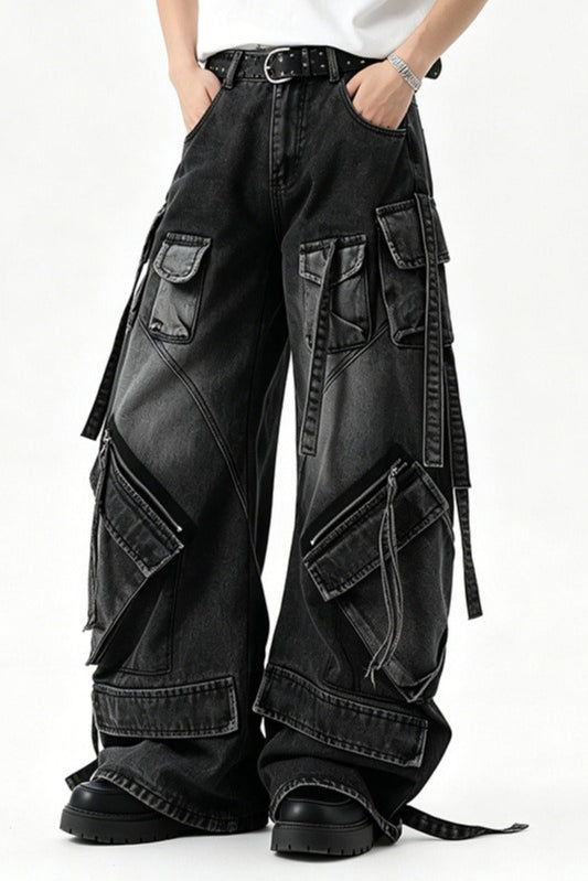Multi-Pocket Strap Cargo Jeans