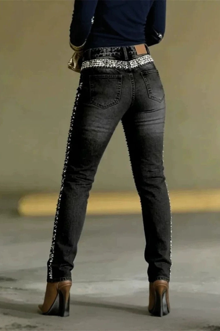 Rhinestone Embellished Straight Leg Jeans