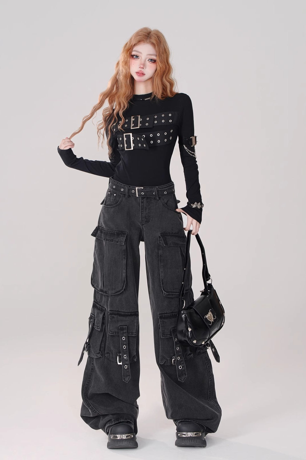 Multi Pocket Strap Wide Leg Cargo Jeans