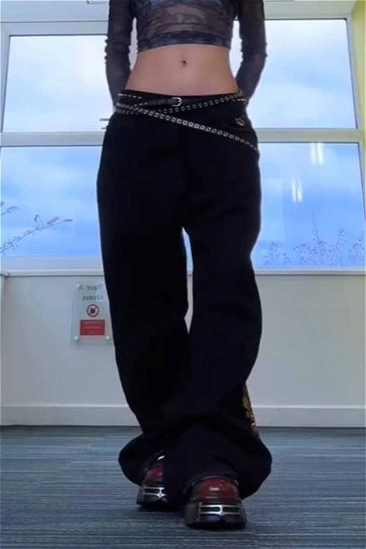 Punk Gold Foil Print Black Denim Floor Pants Secondary image