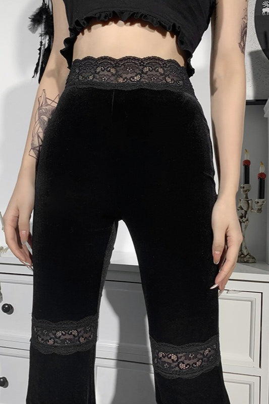 Lace Panel Velvet Flare Pants