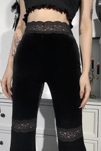 Lace Panel Velvet Flare Pants
