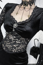 Dark Gothic Lace Fitted Flared-sleeve Hollow-out Maxi Dress