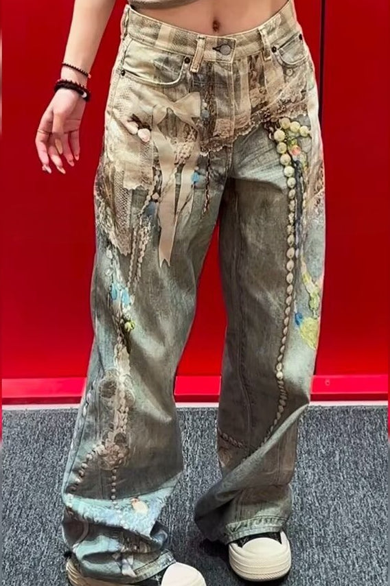 Chain Detail Trompe-L'Oeil Wide-Leg Jeans