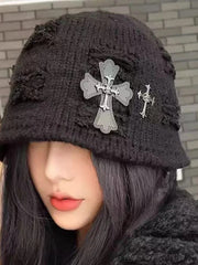 Retro Post Apocalyptic Leather Tag Knitted Hat