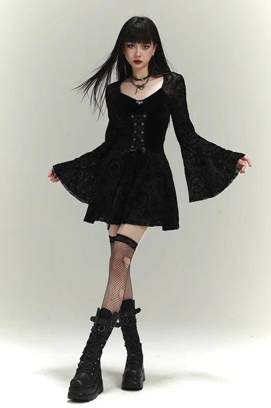 Black Velvet Lace Splice Bowknot Bell Sleeve Goth Mini Dress Main image