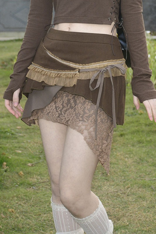 Brown Lace Layered Asymmetrical Mini Skirt