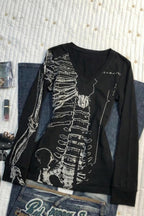 Black Skull Bone Printed V Neck Slim T-shirt