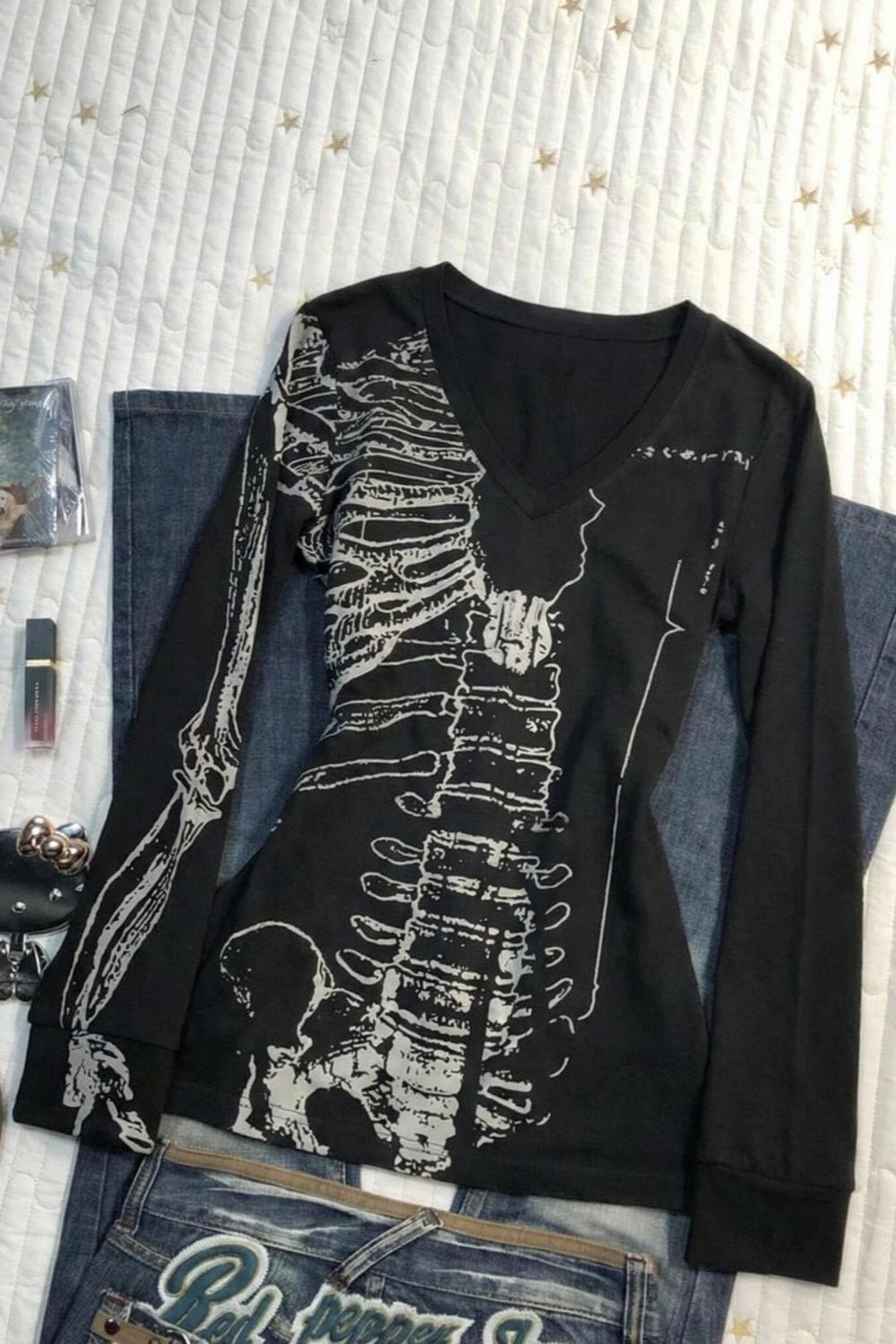 Black Skull Bone Printed V Neck Slim T-shirt