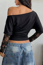 Asymmetric Lace Sleeve Crop Tops