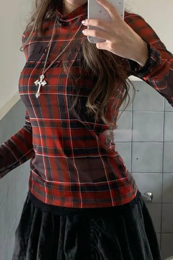 Plaid Mesh Slim Long-sleeve Y2k Knit Top Main image