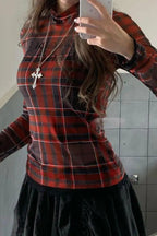 Plaid Mesh Slim Long-sleeve Y2k Knit Top
