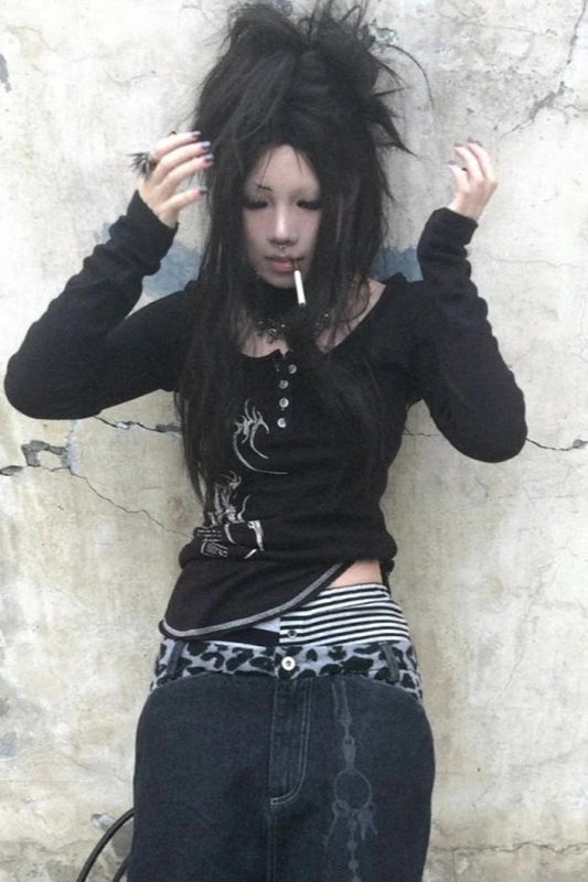 Tattoo Print Irregular Gothic Knit Top