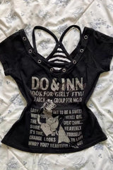 Trendy Y2K Letter Print V-neck Fitted T-shirt