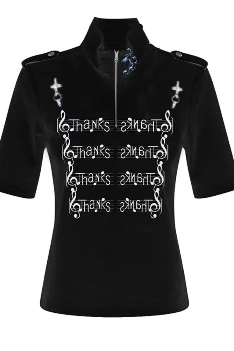 Note Printed Slim Stand Collar T-shirt