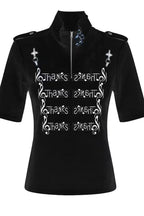 Note Printed Slim Stand Collar T-shirt