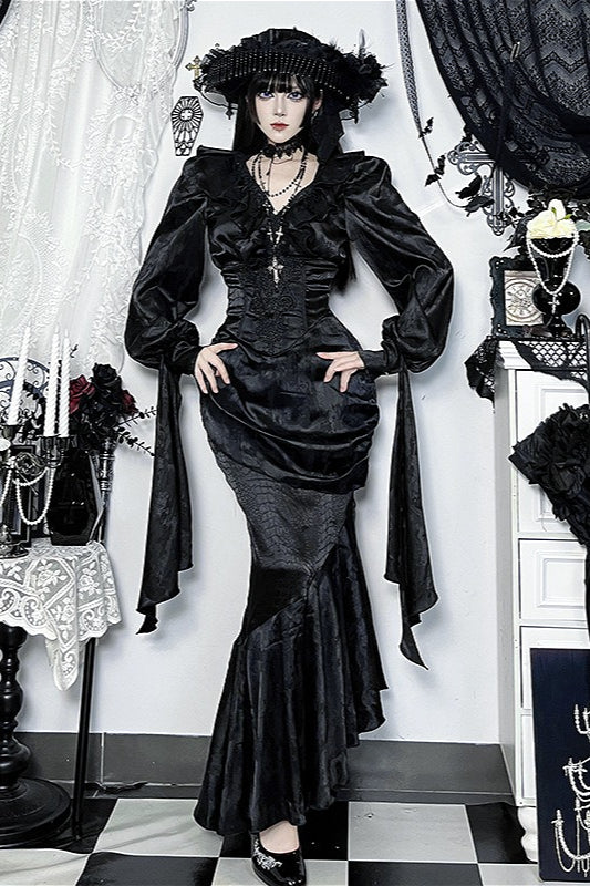 Ruffle Gothic V Neck Long Sleeve Blouse