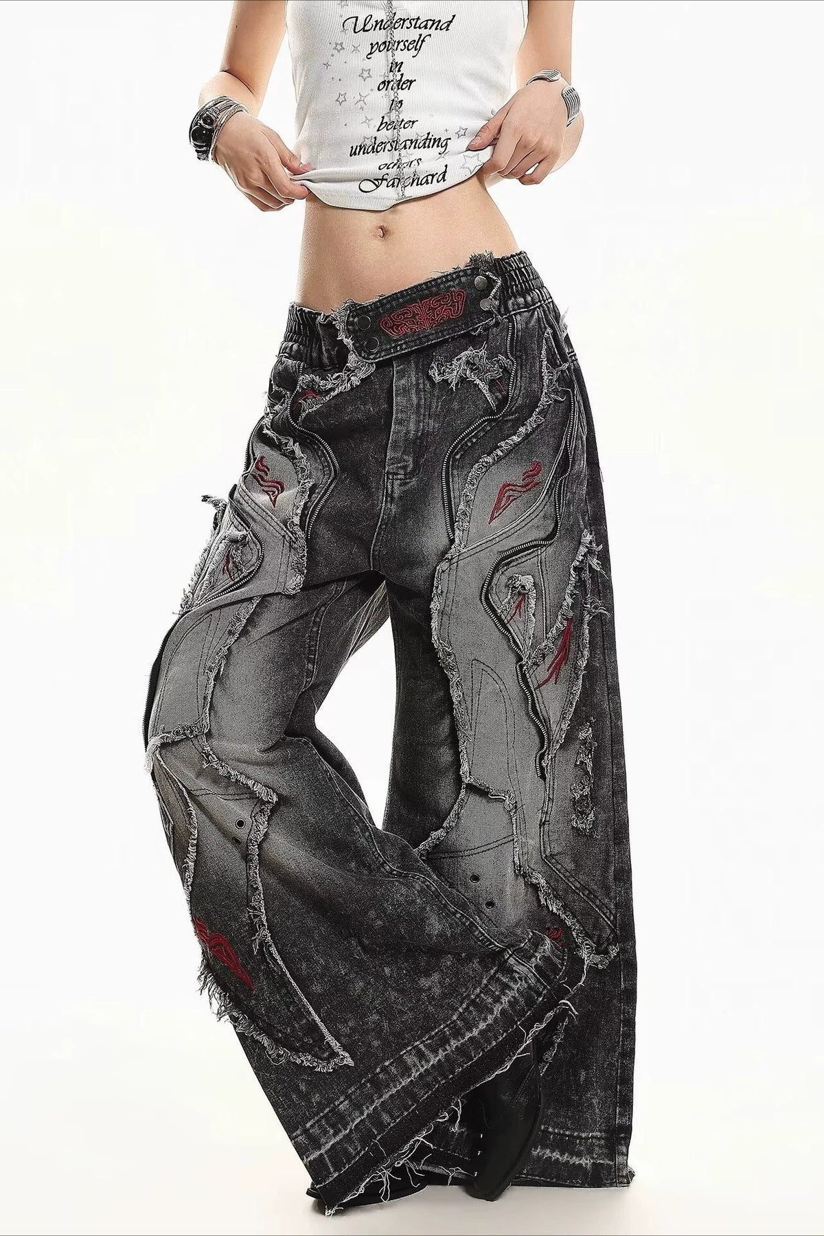 Curved Seam Washed Denim Pants