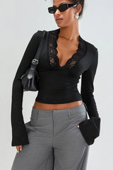 Slim Deep V Bell Sleeve Lace Trim Knit Top