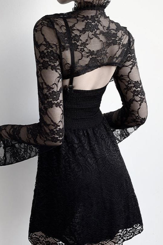 Black Ruffled Bell Sleeve Mesh Top