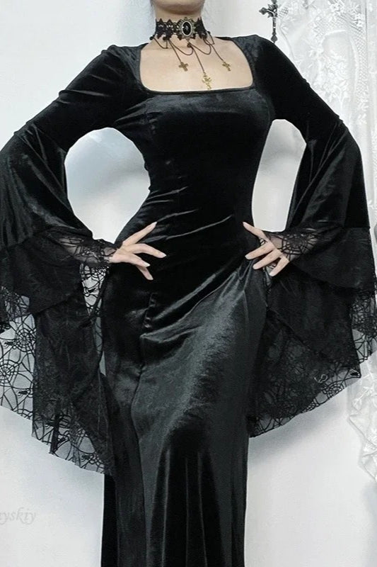 Halloween Gothic Vintage Velvet Spider Web Flare Sleeve Maxi Dress Secondary image