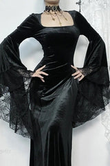 Halloween Gothic Vintage Velvet Spider Web Flare Sleeve Maxi Dress