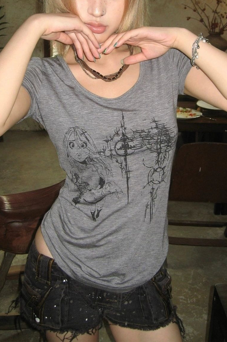 Edgy Y2K Oversized Collar Slim T-shirt Main image