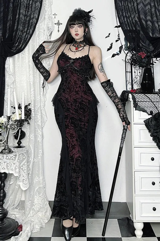 French Palace Dark Gothic Flocking Spaghetti Strap Maxi Dress Main image