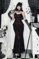 French Palace Dark Gothic Flocking Spaghetti Strap Maxi Dress