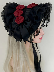 Gothic Lolita Black Pearl Tassel Lace Bow Feather Hat