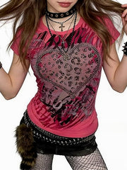 Y2K Leopard Heart Rhinestone T-shirt