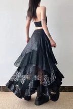 High Waist Asymmetric Lace Sheer Skirt