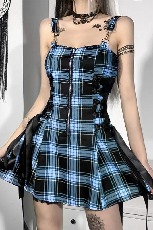 Black Plaid Backless Bandage A-Line Elegant Mini Dress Main image