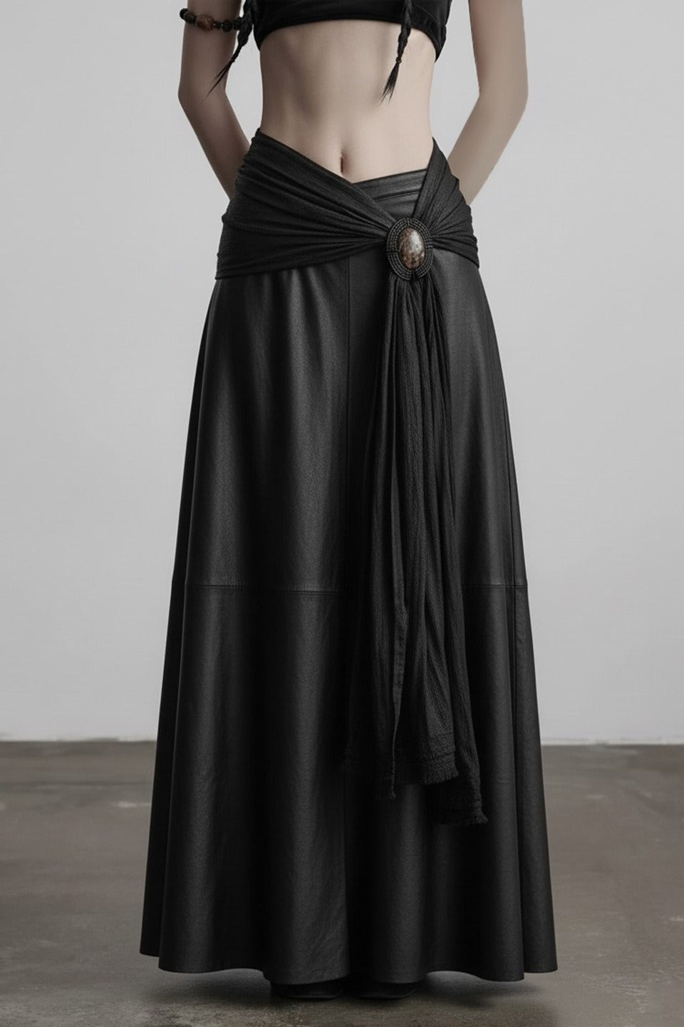 Dark Fashion Asymmetrical Ring-Tie Leather Skirt Main image