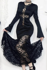Goth Dark Hooded Cross Hollow Lace Spliced Maxi Dress