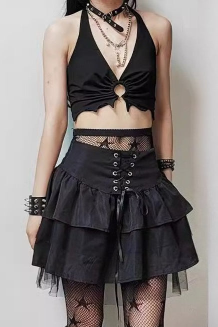 Gothic Lolita Y2K Mesh Patchwork Tie-Waist Tiered Mini Skirt Main image