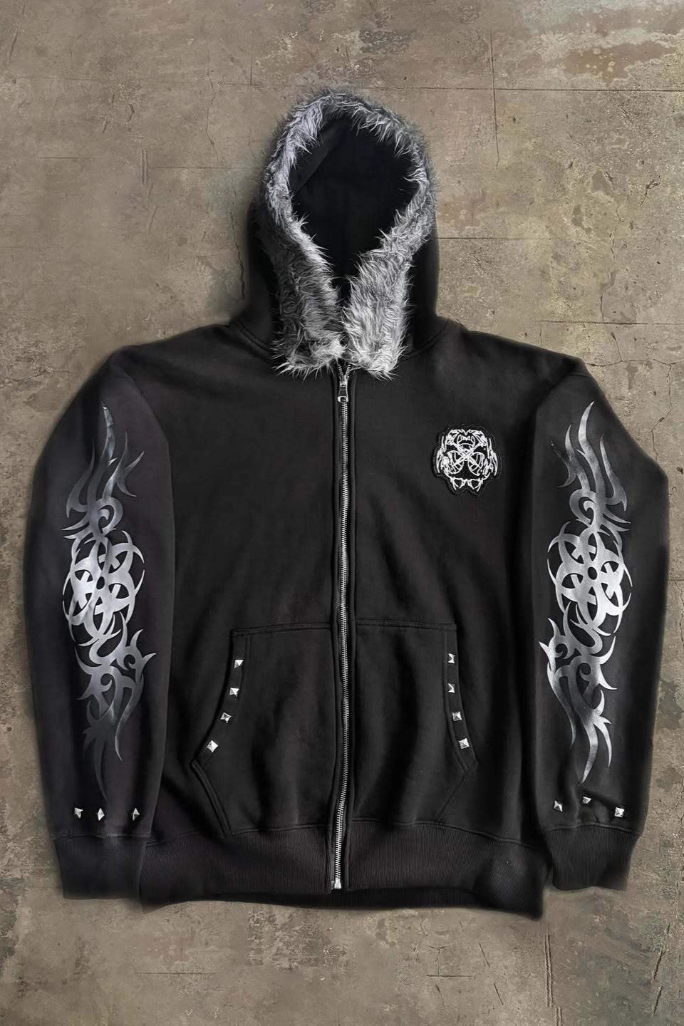 Tribal Sleeve Fur Trim Zip Hoodie Main image