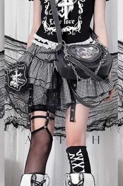 Black and White Plaid Lace Tiered Mini Skirt