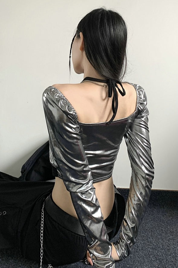 Futuristic Silver Long Sleeve Halter Crop Top