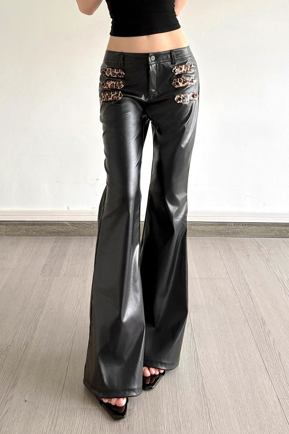 Leopard Strap Faux Leather Flare Pants