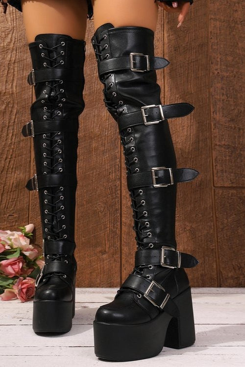 Multi Buckle Lace Up Platform Boots