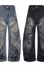 Distressed Panel Barrel Jeans