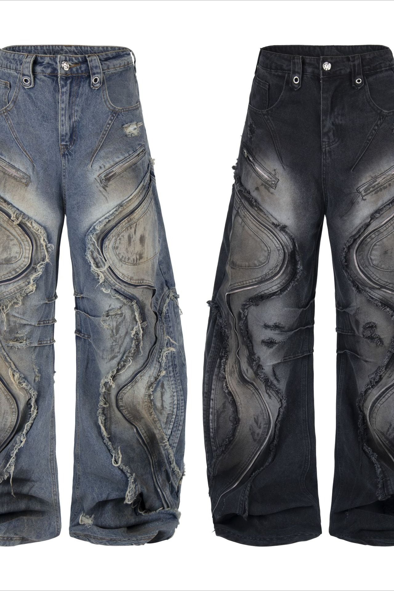 Distressed Panel Barrel Jeans