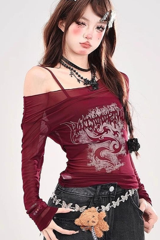 Sheer Mesh Print Off Shoulder Slim Crop Long Sleeve T-shirt Secondary image