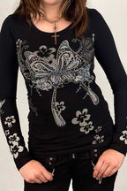 Fitted Gothic Print Long Sleeve Top