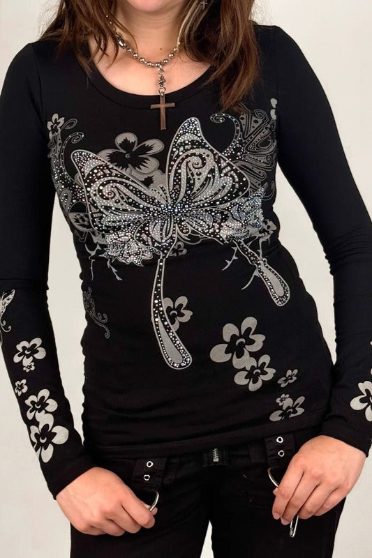 Fitted Gothic Print Long Sleeve Top