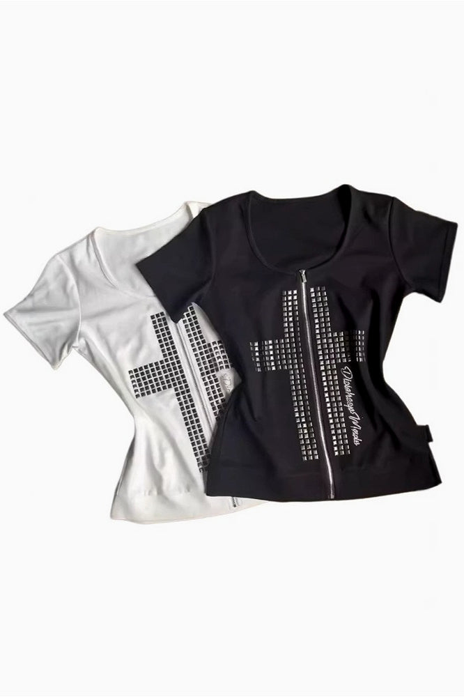 Y2K Rhinestone Rivet Metal Decor Fitted T-shirt Main image