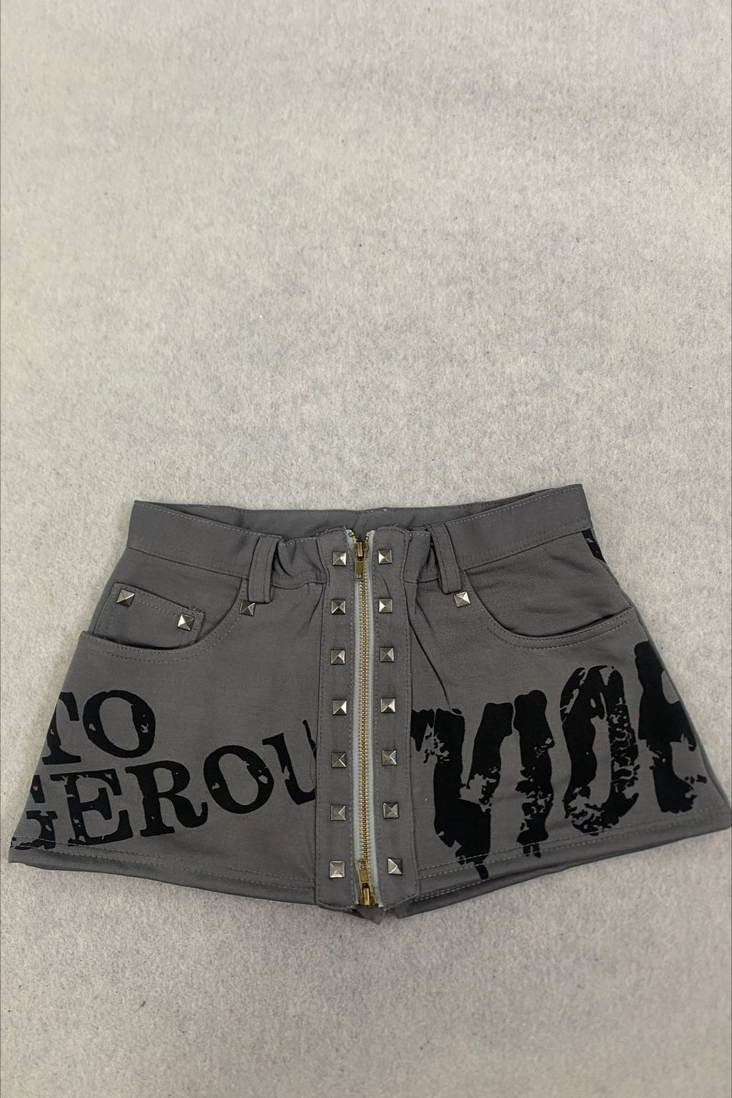 Gray Letter Print Studded Shorts