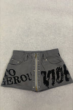 Gray Letter Print Studded Shorts